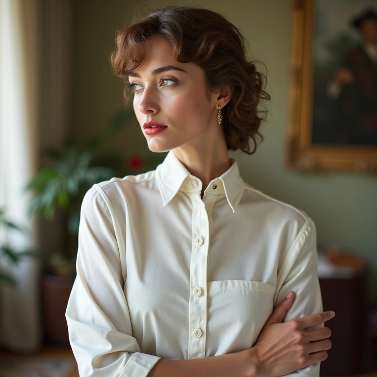 Mulher com camisa branca de gola alta e acessórios vintage em casa clássica.