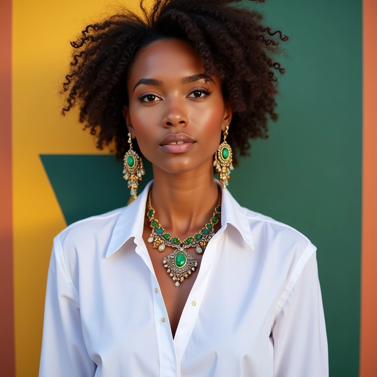 Mulher com camisa branca e joias brasileiras vibrantes em parede colorida.