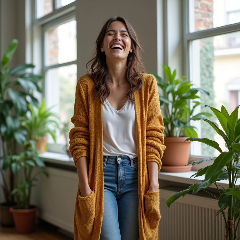 Mulher com cardigã alongado e calça jeans.