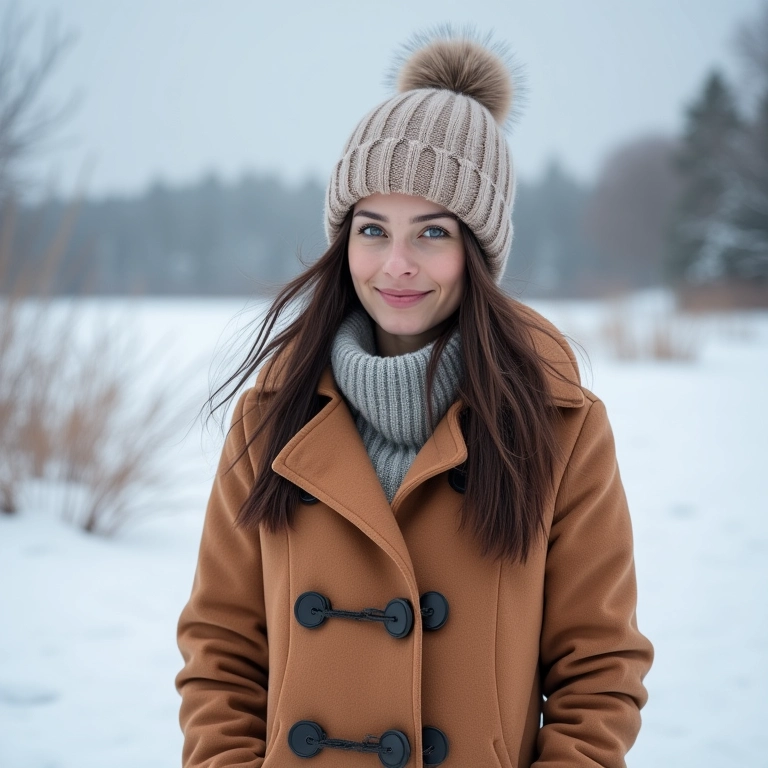 Mulher com casaco de inverno e chapéu Hatter em paisagem nevada.