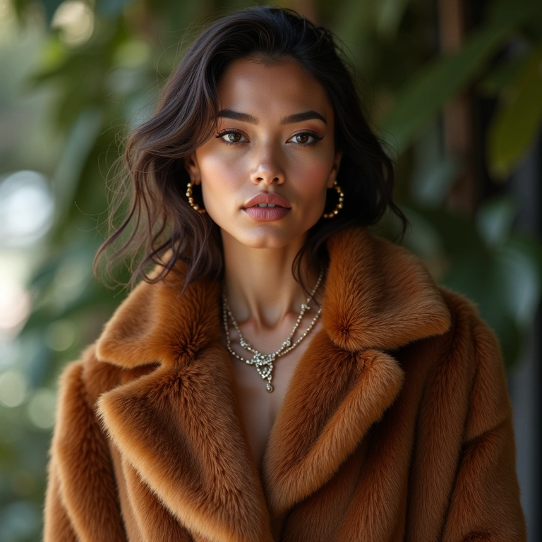 Mulher com casaco de pelo sintético em ensaio de moda sustentável.