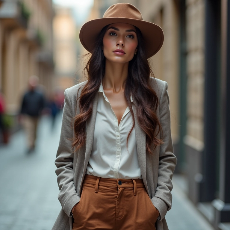 Mulher com chapéu coco e calça de alfaiataria em cenário urbano, elegância despojada.