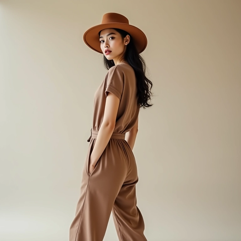 Mulher com chapéu coco e macacão pantacourt, modernidade e conforto em fundo minimalista.