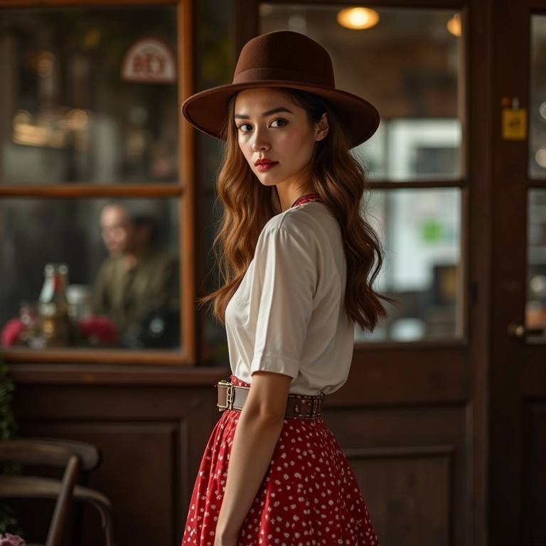 Mulher com chapéu coco e saia midi em loja vintage, charme retrô.
