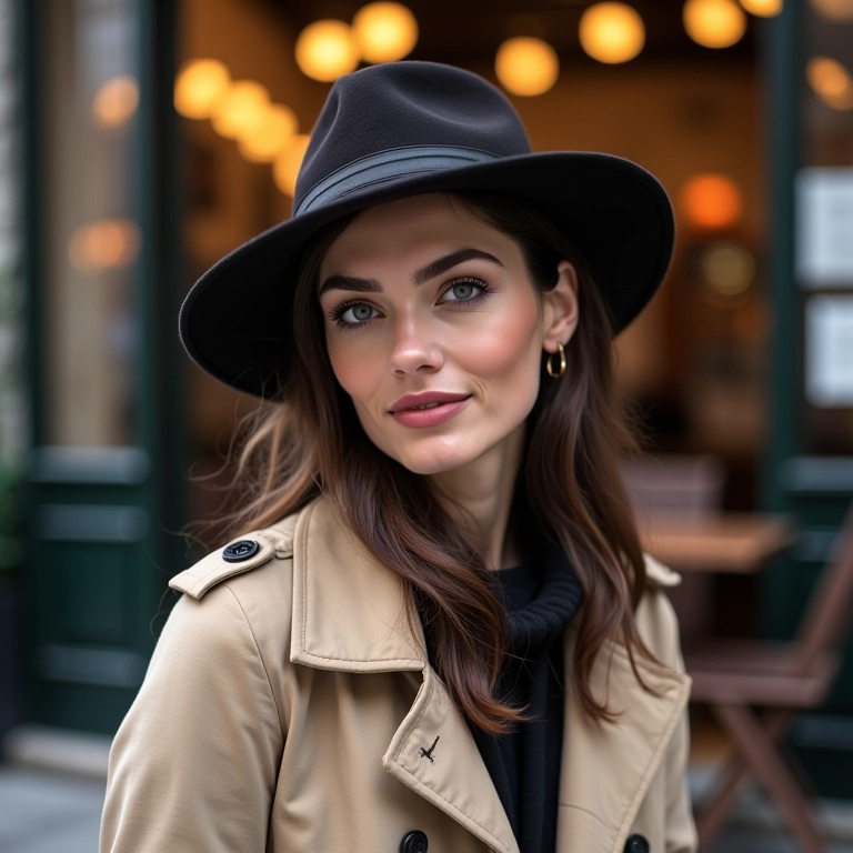 Mulher com chapéu coco e trench coat em café parisiense, sofisticação urbana.
