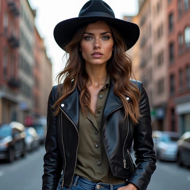 Mulher com chapéu coco, jeans e jaqueta de couro em cenário urbano, estilo rocker chic.
