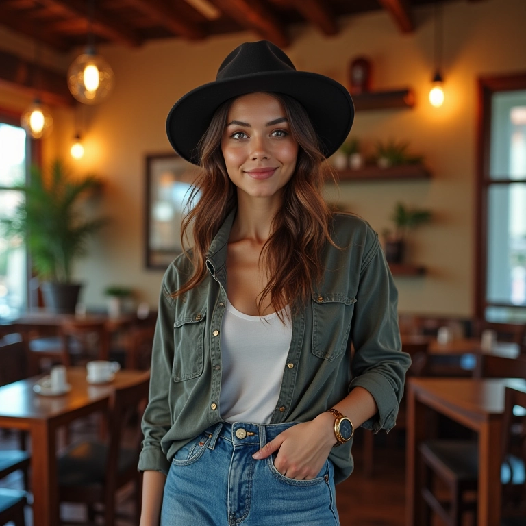 Mulher com chapéu derby, calça jeans e camisa casual em café aconchegante no Brasil.