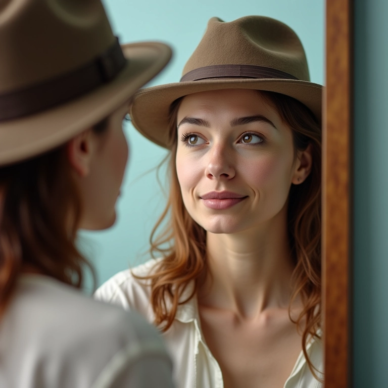 Mulher com chapéu derby se analisando no espelho, considerando o formato do rosto.