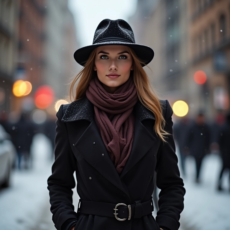 Mulher com chapéu Fedora, cachecol e casaco em rua nevada.