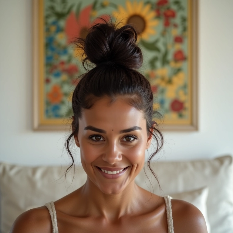 Mulher com coque no topo da cabeça para dar volume ao cabelo