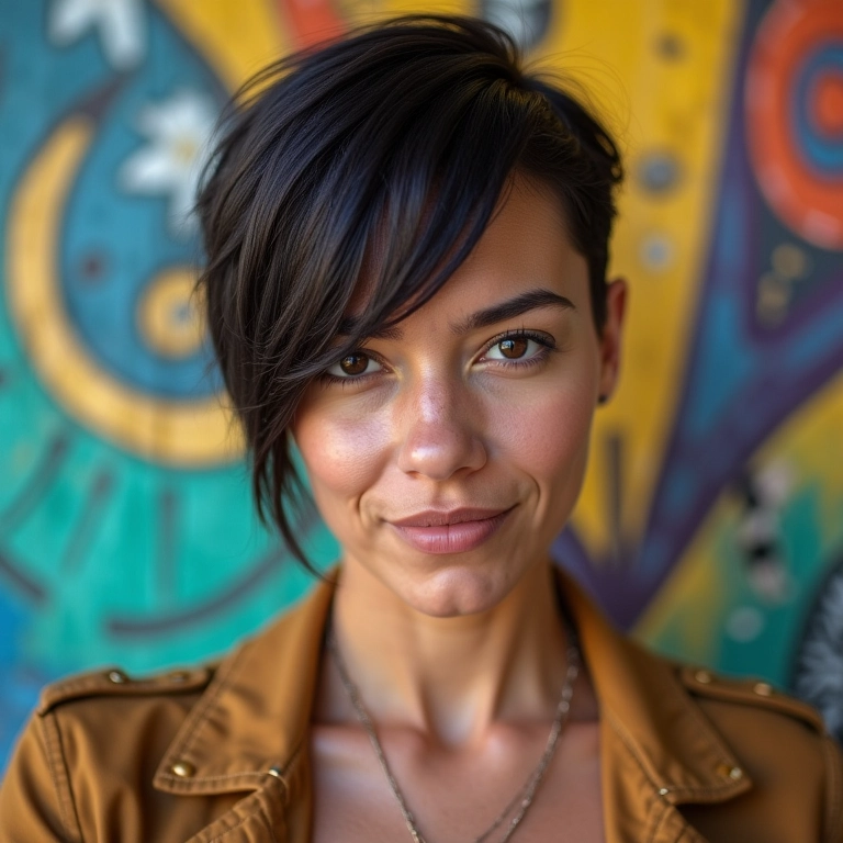Mulher com corte assimétrico expressando individualidade em mural colorido em Salvador, Bahia.