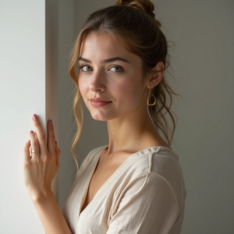 Mulher com corte blunt, mostrando as linhas retas em casa minimalista.