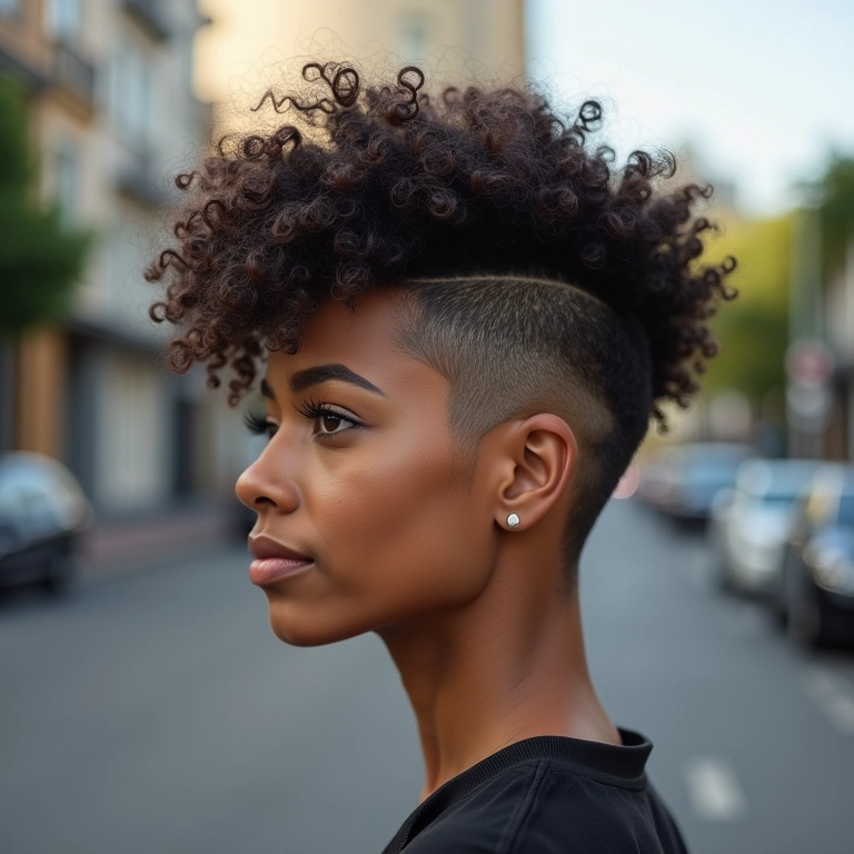 Mulher com corte cacheado assimétrico em cenário urbano brasileiro.