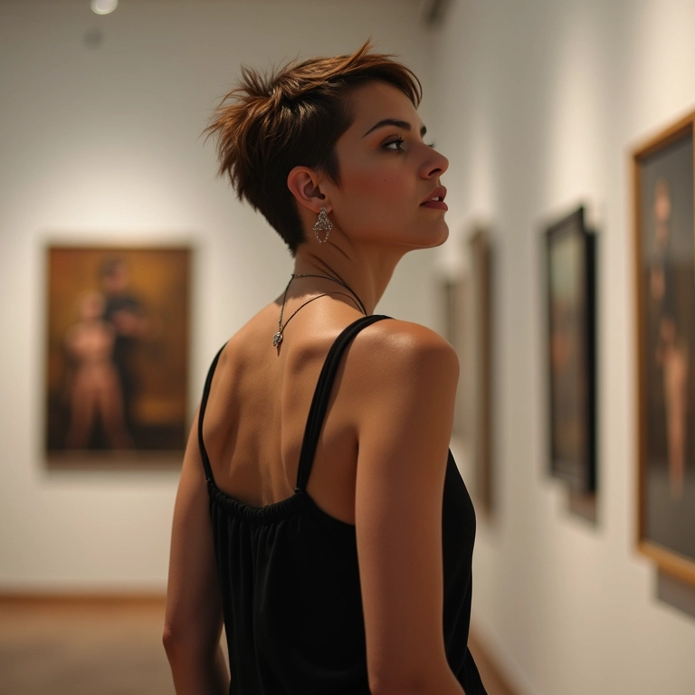 Mulher com corte curto assimétrico, pose dinâmica em galeria de arte.