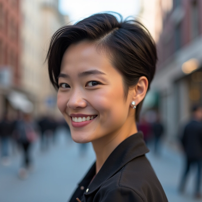Mulher com corte de cabelo moderno sorrindo na cidade.