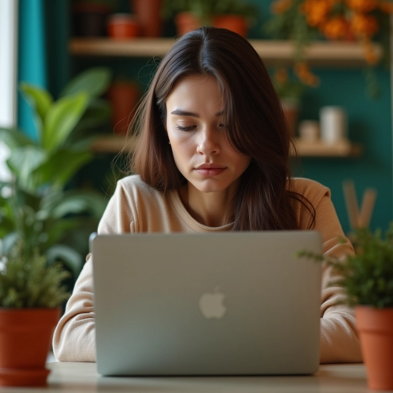 Mulher com dificuldade de concentração, olhando fixamente para a tela do laptop.