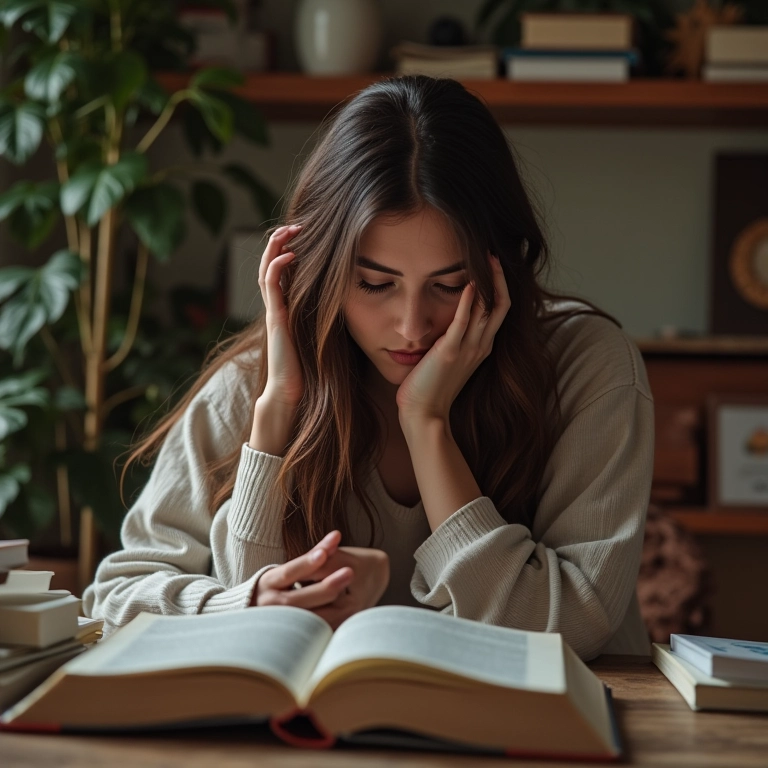 Mulher com dificuldade para se concentrar em um livro, cercada por distrações em um quarto aconchegante.