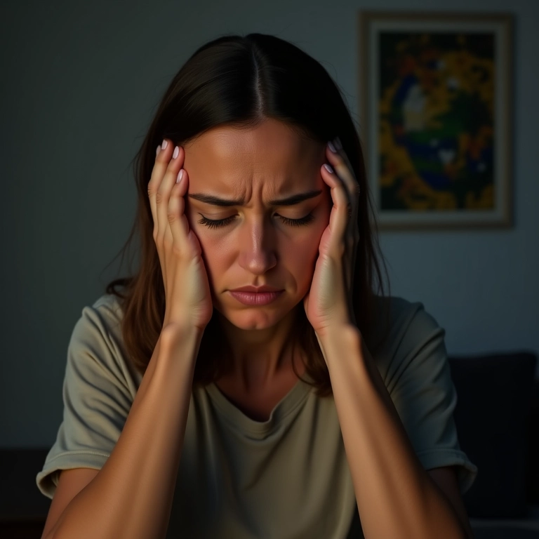 Mulher com dor de cabeça forte, ilustrando tensão e dores.