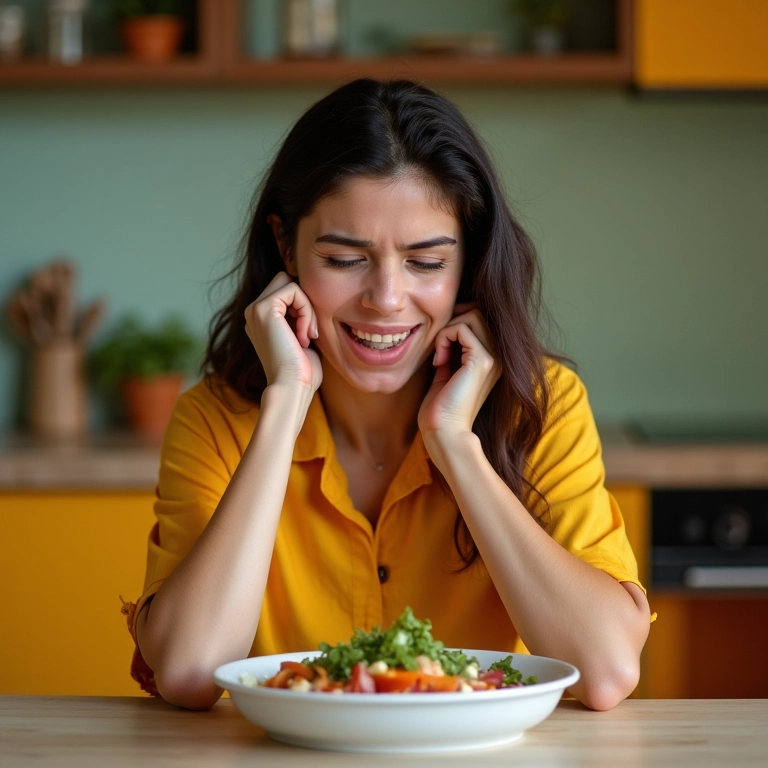 Mulher com falta de apetite, comendo sem vontade em cozinha colorida.