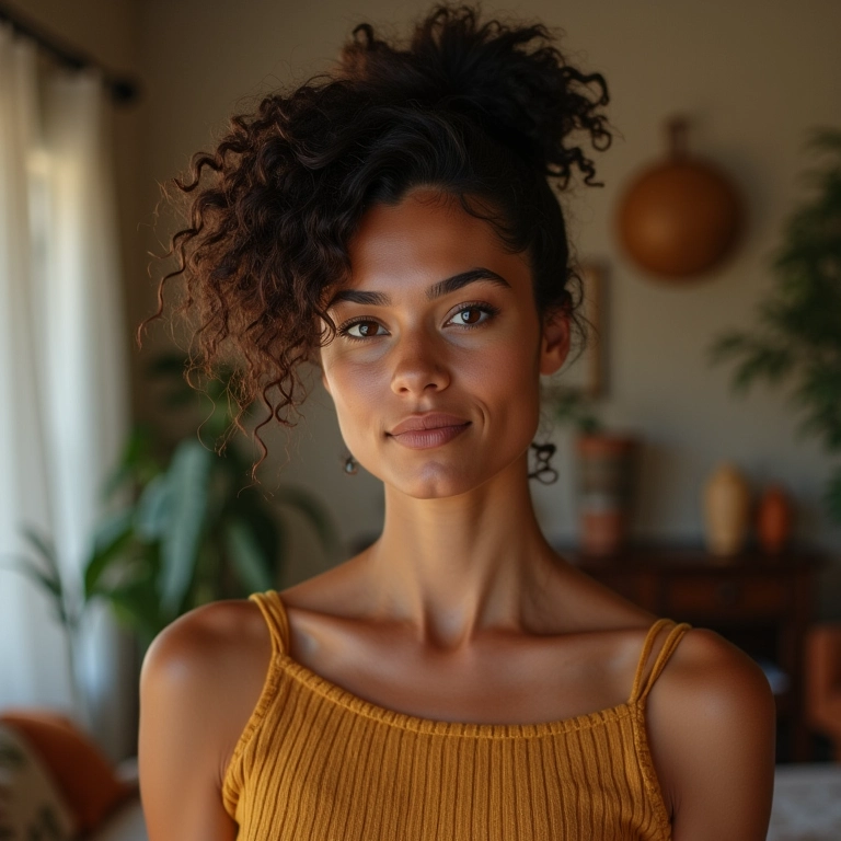 Mulher com half bun e cabelo crespo curto em sala aconchegante.
