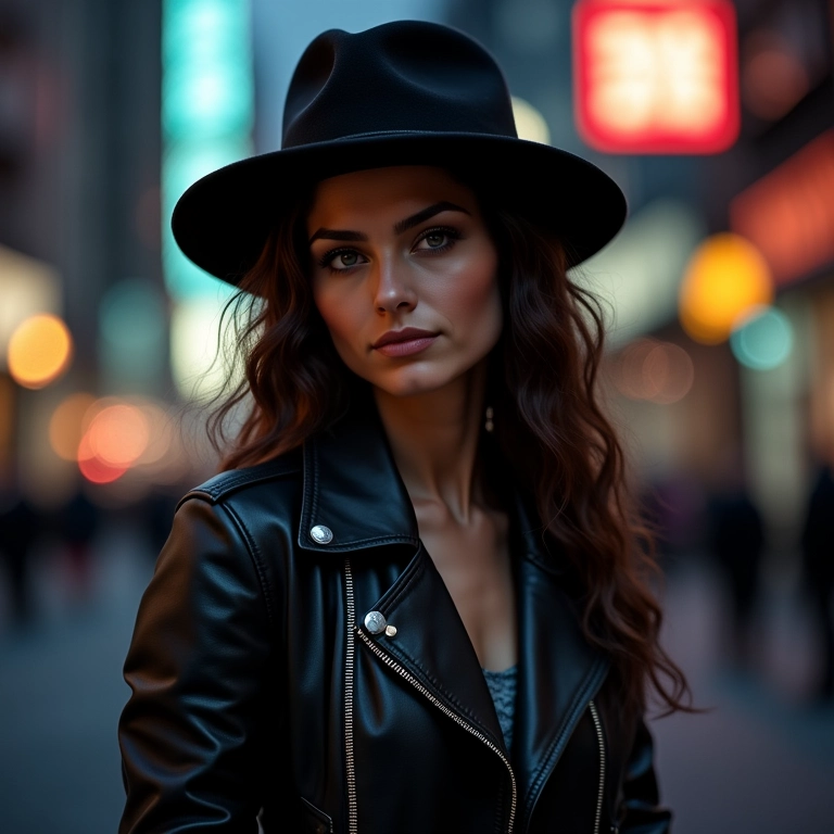 Mulher com jaqueta de couro e chapéu coco em cidade.