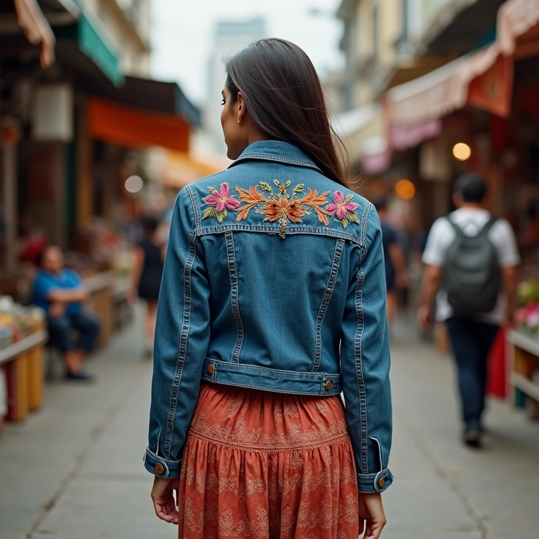 Mulher com jaqueta jeans bordada em mercado no Rio de Janeiro.