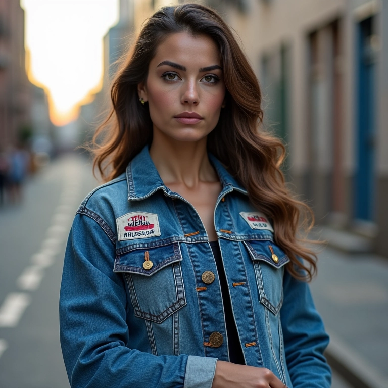 Mulher com jaqueta jeans customizada com patches.