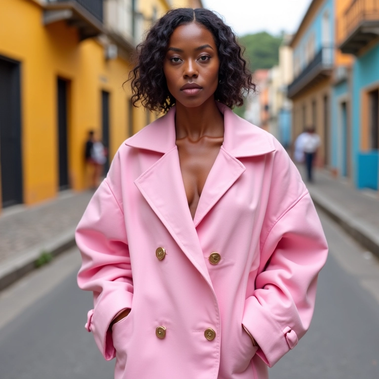 Mulher com jaqueta oversized rosa pastel em rua brasileira ensolarada, estilo Acubi Fashion.