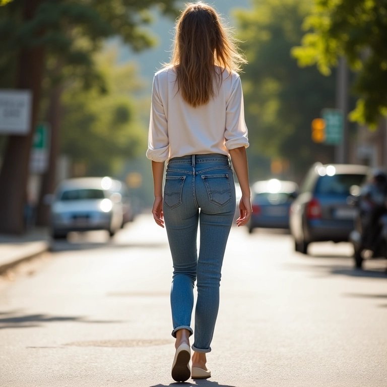Mulher com jeans, blusa e sapatilha em look casual chic.