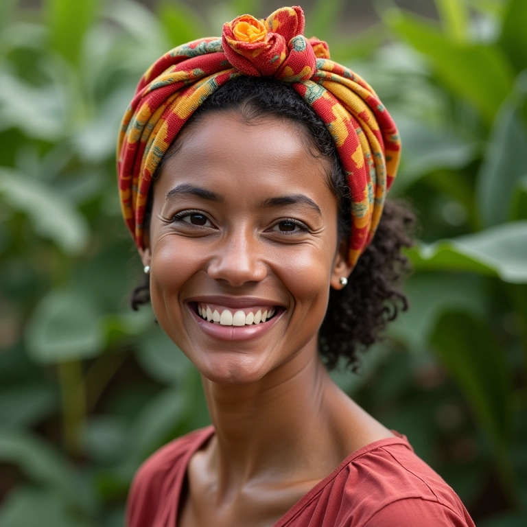 Mulher com lenço colorido e prendedor de cabelo floral.