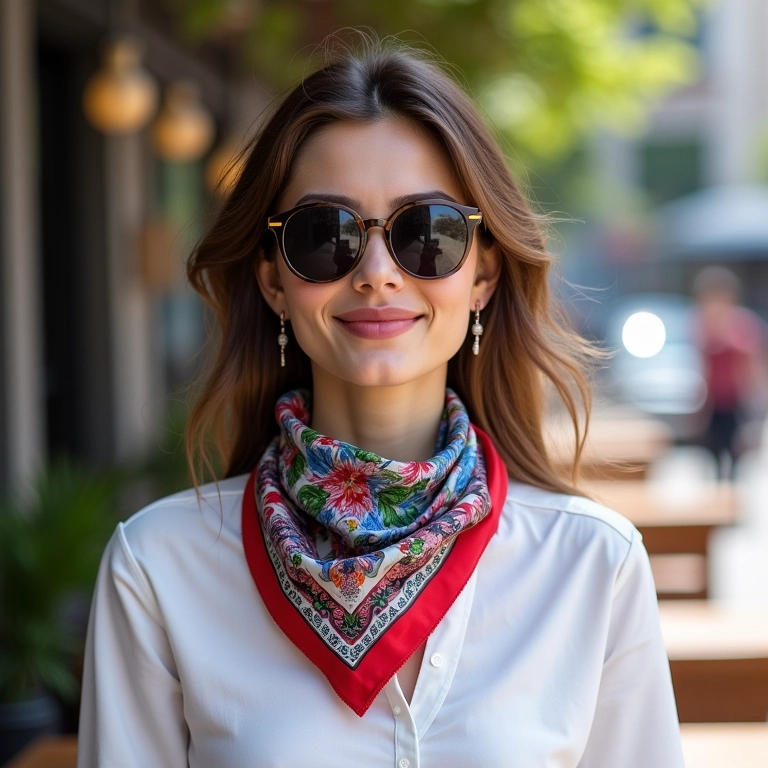 Mulher com lenço de seda colorido no pescoço em um café.