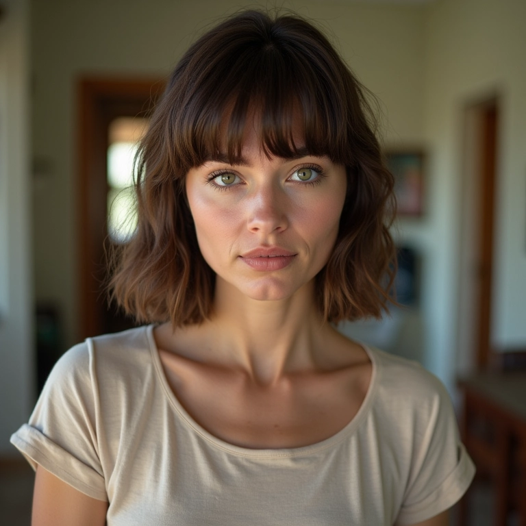 Mulher com long bob desfiado em apartamento brasileiro.