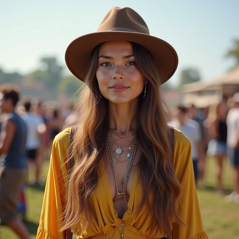 Mulher com look boho e chapéu coco em festival.