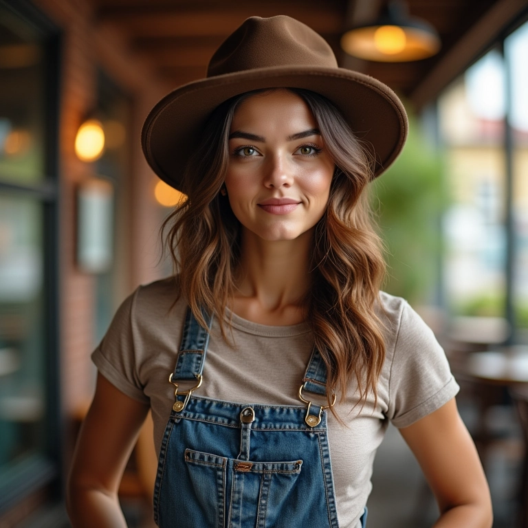 Mulher com look casual chic e chapéu coco em café.
