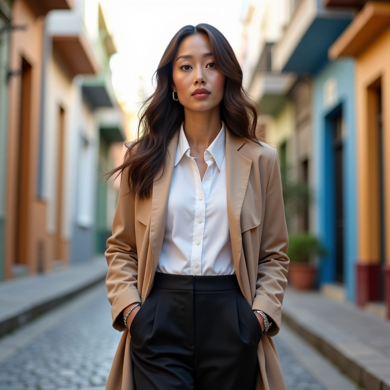Mulher com look clássico: sobretudo, calça de alfaiataria e blusa branca, em rua charmosa do Rio.