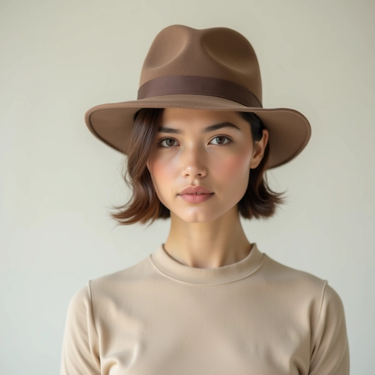 Mulher com look minimalista e chapéu coco em estúdio.