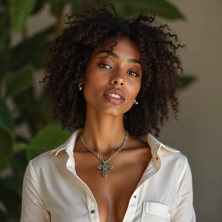 Mulher com look minimalista e um acessório statement.