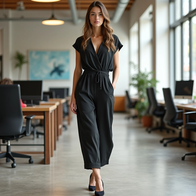 Mulher com macacão e mule em espaço de co-working estiloso.