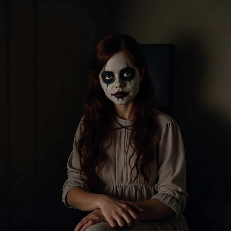 Mulher com maquiagem assustadora da boneca Annabelle para o Halloween.