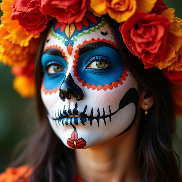 Mulher com maquiagem de caveira mexicana colorida para o Halloween.