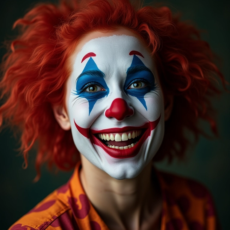 Mulher com maquiagem de palhaça macabra e divertida para o Halloween.