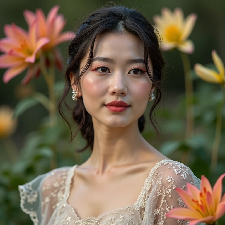 Mulher com maquiagem Florasis em jardim chinês com toques brasileiros.