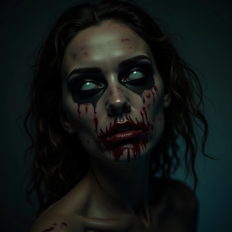 Mulher com maquiagem horripilante de zumbi para o Halloween.