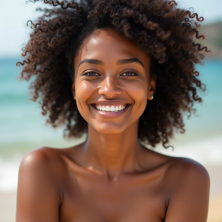 Mulher com maquiagem leve e natural sorrindo na praia.