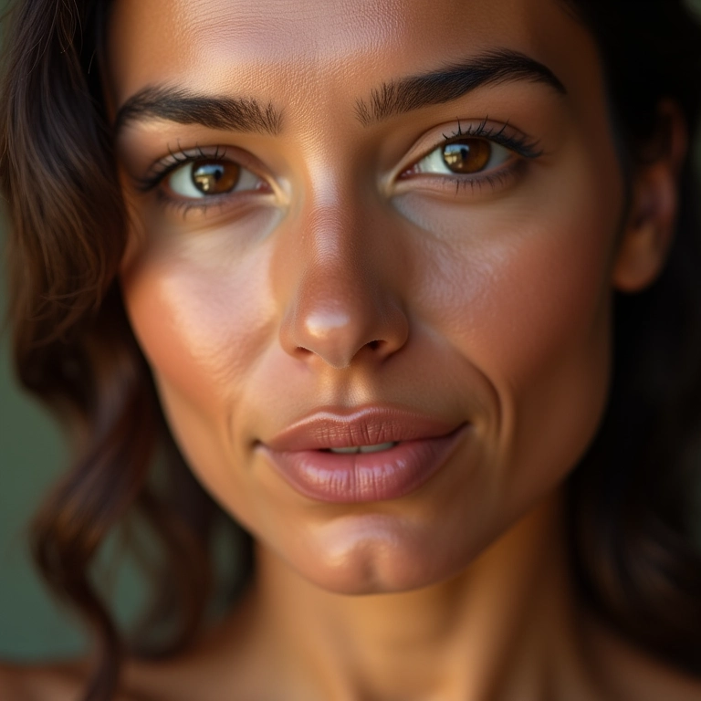 Mulher com maquiagem natural 'acordei assim', pele radiante e expressão confiante.