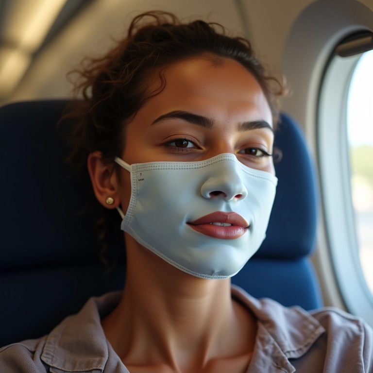 Mulher com máscara facial hidratante durante voo.