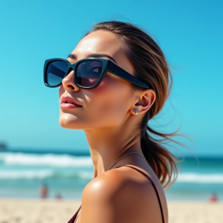 Mulher com maxi óculos de sol na praia de Ipanema.