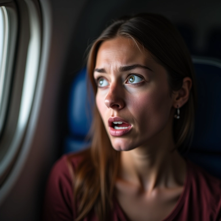 Mulher com medo durante voo.