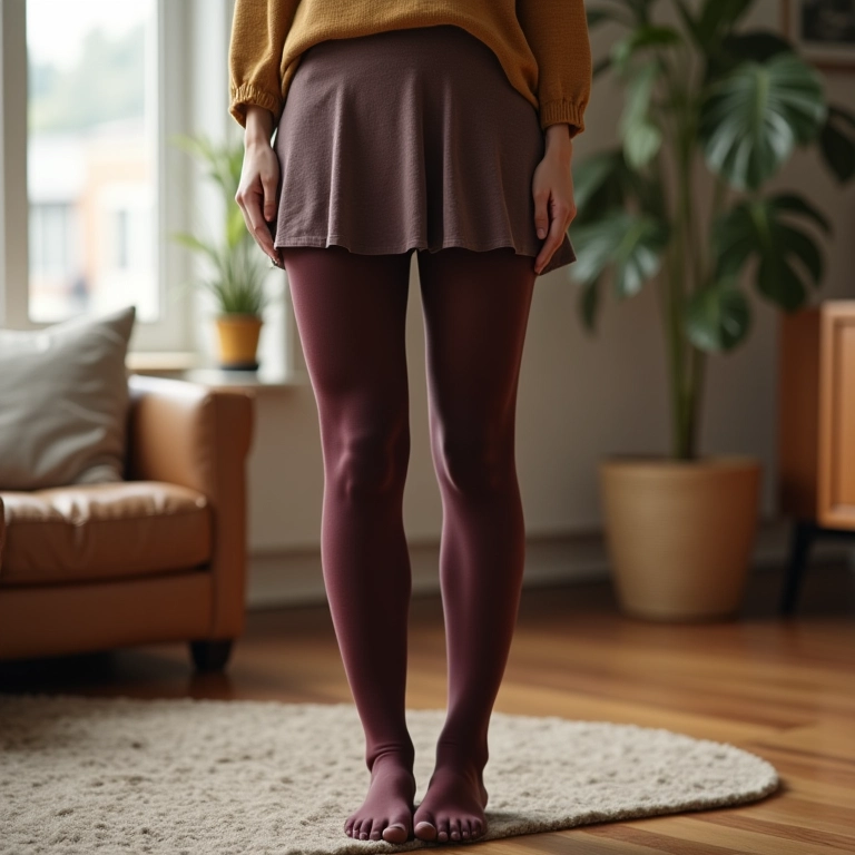 Mulher com meia-calça 7/8, saia e look casual em ambiente doméstico aconchegante.