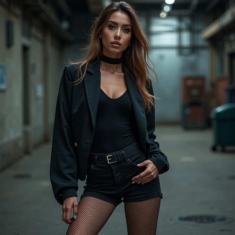 Mulher com meia-calça arrastão e look urbano moderno em cenário industrial.